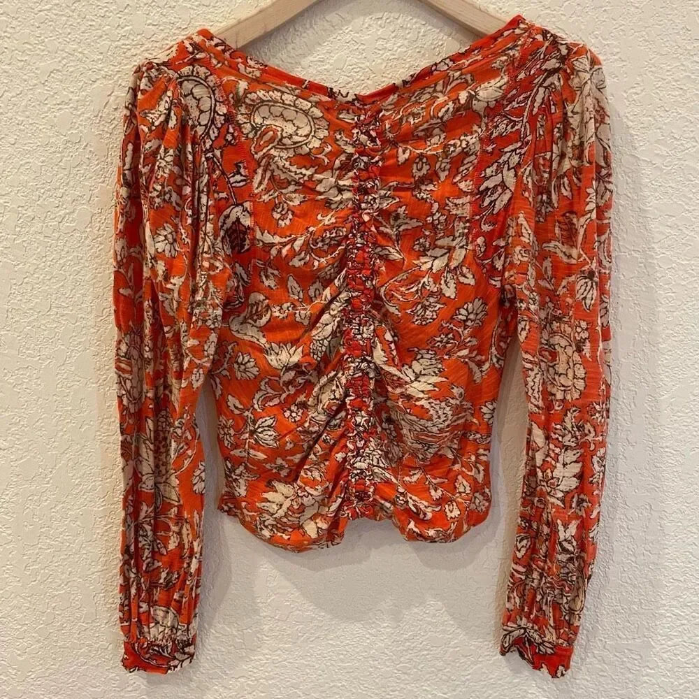 Free People Say The Word Orange Ruby Red Bohemian Peasant Floral Blouse Size Sma